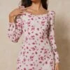 Floral Frill Detail Square Neck Dress -BOW Clothing Shop cream floral frill detail square neck dress