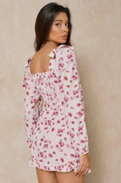 Floral Frill Detail Square Neck Dress -BOW Clothing Shop cream floral frill detail square neck dress 2