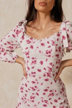Floral Frill Detail Square Neck Dress -BOW Clothing Shop cream floral frill detail square neck dress 4