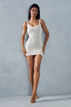 Knitted Striped Strappy Mini Dress -BOW Clothing Shop cream knitted striped strappy mini dress 1 3