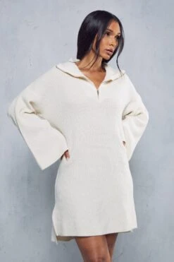 Rib Knit Zip Up Jumper Dress -BOW Clothing Shop cream rib knit zip up jumper dress 1
