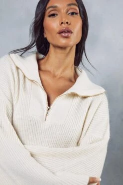 Rib Knit Zip Up Jumper Dress -BOW Clothing Shop cream rib knit zip up jumper dress 2