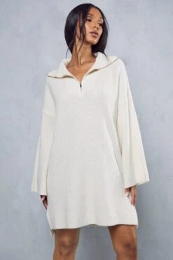 Rib Knit Zip Up Jumper Dress -BOW Clothing Shop cream rib knit zip up jumper dress 4