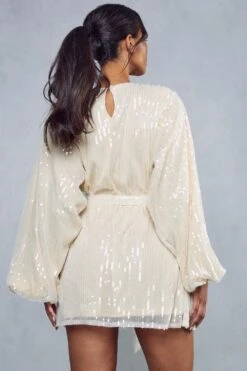 Sequin Shoulder Pad Mini Dress -BOW Clothing Shop cream sequin shoulder pad mini dress 3