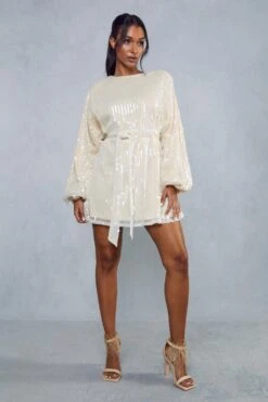 Sequin Shoulder Pad Mini Dress -BOW Clothing Shop cream sequin shoulder pad mini dress 4
