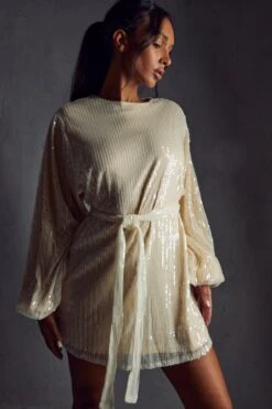 Sequin Shoulder Pad Mini Dress -BOW Clothing Shop cream sequin shoulder pad mini dress 5