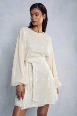 Sequin Shoulder Pad Mini Dress -BOW Clothing Shop cream sequin shoulder pad mini dress 6