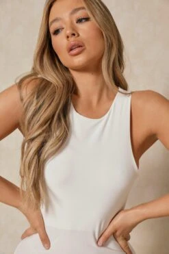 Slinky Mini Slit Dress -BOW Clothing Shop cream slinky mini slit dress 1