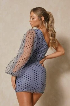 Polka Dot Mesh Ruched One Shoulder Dress 7 Polka Dot Mesh Ruched One Shoulder Dress -BOW Clothing Shop dusty blue polka dot mesh ruched one shoulder dress 1