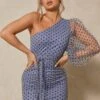 Polka Dot Mesh Ruched One Shoulder Dress -BOW Clothing Shop dusty blue polka dot mesh ruched one shoulder dress