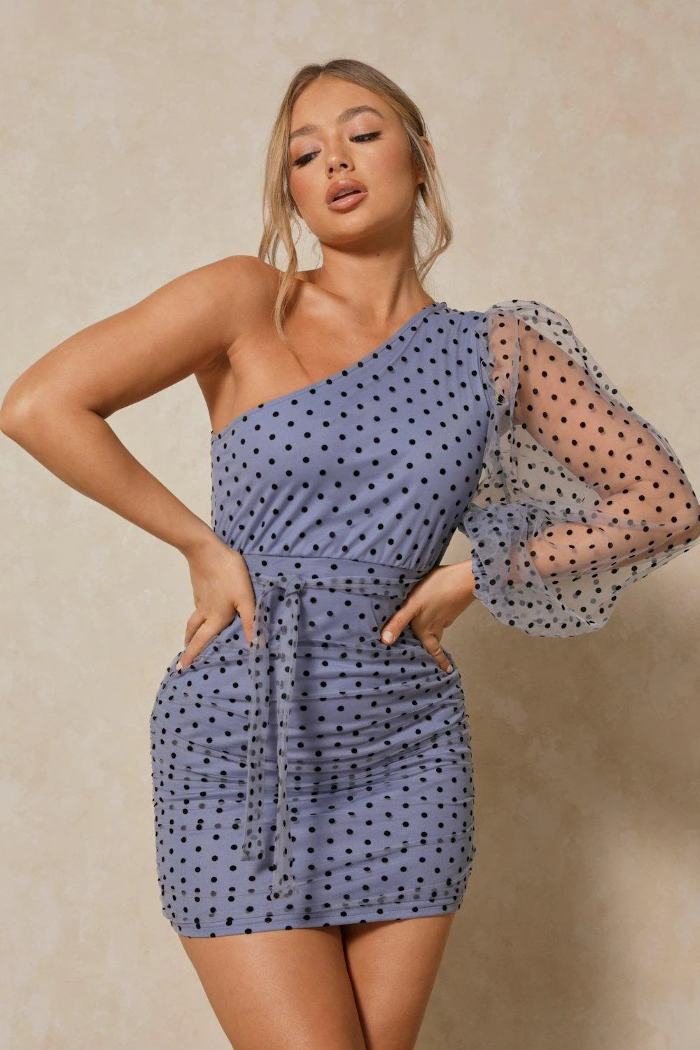 Polka Dot Mesh Ruched One Shoulder Dress 3 Polka Dot Mesh Ruched One Shoulder Dress