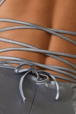 Satin Lace Up Back Bodycon Dress -BOW Clothing Shop dusty blue satin lace up back bodycon dress 5