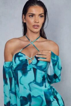 Abstract Print Halterneck Flare Sleeve Mini Dress 9 Abstract Print Halterneck Flare Sleeve Mini Dress -BOW Clothing Shop green abstract print halterneck flare sleeve mini dress 1