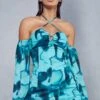 Abstract Print Halterneck Flare Sleeve Mini Dress -BOW Clothing Shop green abstract print halterneck flare sleeve mini dress