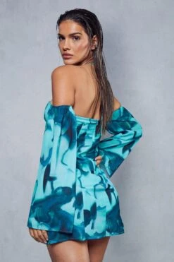 Abstract Print Halterneck Flare Sleeve Mini Dress 10 Abstract Print Halterneck Flare Sleeve Mini Dress -BOW Clothing Shop green abstract print halterneck flare sleeve mini dress 2