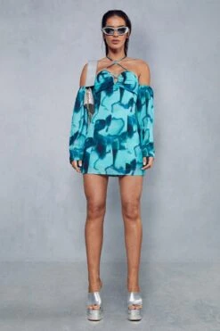 Abstract Print Halterneck Flare Sleeve Mini Dress 11 Abstract Print Halterneck Flare Sleeve Mini Dress -BOW Clothing Shop green abstract print halterneck flare sleeve mini dress 3