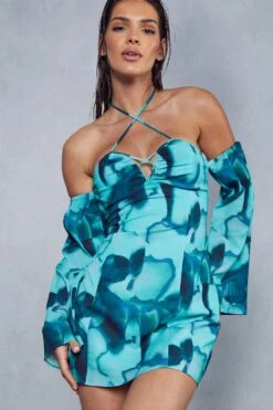 Abstract Print Halterneck Flare Sleeve Mini Dress 12 Abstract Print Halterneck Flare Sleeve Mini Dress -BOW Clothing Shop green abstract print halterneck flare sleeve mini dress 4