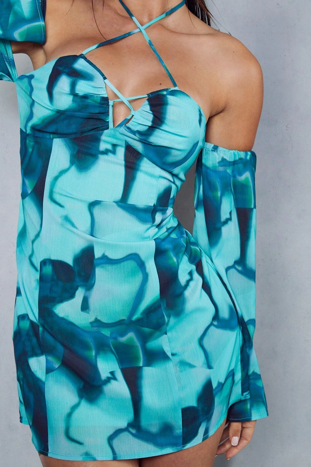 Abstract Print Halterneck Flare Sleeve Mini Dress 8 Abstract Print Halterneck Flare Sleeve Mini Dress - Image 6