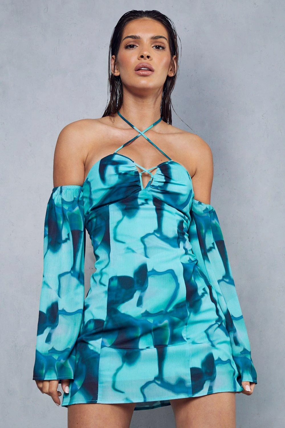 Abstract Print Halterneck Flare Sleeve Mini Dress 3 Abstract Print Halterneck Flare Sleeve Mini Dress