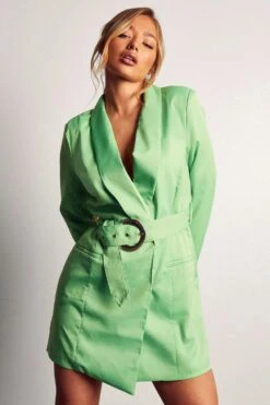Asymmetric Gold Buckle Belted Blazer Dress 11 Asymmetric Gold Buckle Belted Blazer Dress -BOW Clothing Shop green asymmetric gold buckle belted blazer dress 4