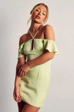 Frill Sleeve Cross Strap Mini Dress -BOW Clothing Shop green frill sleeve cross strap mini dress 3