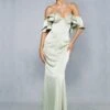 Premium Satin Corseted Bardot Frill Maxi Dress 2 Premium Satin Corseted Bardot Frill Maxi Dress -BOW Clothing Shop green premium satin corseted bardot frill maxi dress