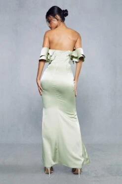 Premium Satin Corseted Bardot Frill Maxi Dress -BOW Clothing Shop green premium satin corseted bardot frill maxi dress 2