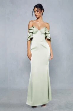 Premium Satin Corseted Bardot Frill Maxi Dress -BOW Clothing Shop green premium satin corseted bardot frill maxi dress 3