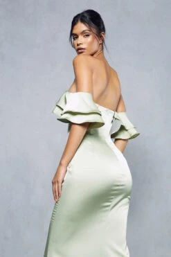 Premium Satin Corseted Bardot Frill Maxi Dress -BOW Clothing Shop green premium satin corseted bardot frill maxi dress 4
