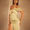 Premium Satin Draped Off The Shoulder Maxi Dress 2 Premium Satin Draped Off The Shoulder Maxi Dress -BOW Clothing Shop green premium satin draped off the shoulder maxi dress