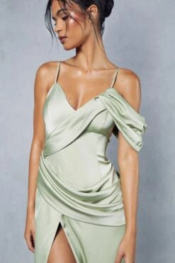 Premium Satin Draped Off The Shoulder Maxi Dress 13 Premium Satin Draped Off The Shoulder Maxi Dress -BOW Clothing Shop green premium satin draped off the shoulder maxi dress 5