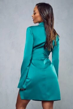 Satin High Neck Knot Skirt Mini Dress -BOW Clothing Shop green satin high neck knot skirt mini dress 2
