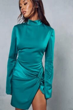 Satin High Neck Knot Skirt Mini Dress -BOW Clothing Shop green satin high neck knot skirt mini dress 4
