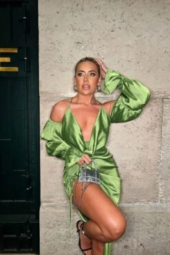 Alisha LeMay Satin Puff Sleeve Cowl Neck Midi Dress -BOW Clothing Shop green satin puff sleeve cowl neck midi dress 1