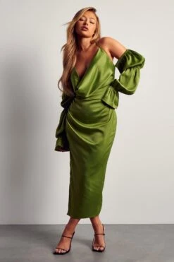 Alisha LeMay Satin Puff Sleeve Cowl Neck Midi Dress -BOW Clothing Shop green satin puff sleeve cowl neck midi dress 2