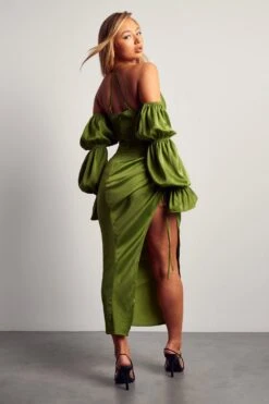Alisha LeMay Satin Puff Sleeve Cowl Neck Midi Dress -BOW Clothing Shop green satin puff sleeve cowl neck midi dress 3