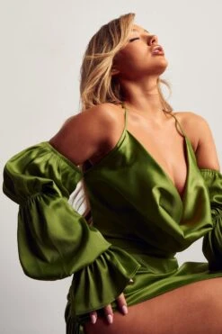 Alisha LeMay Satin Puff Sleeve Cowl Neck Midi Dress -BOW Clothing Shop green satin puff sleeve cowl neck midi dress 5