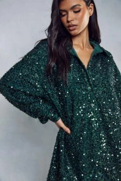 Sequin Oversized Shirt Dress -BOW Clothing Shop green sequin oversized shirt dress 1