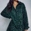 Sequin Oversized Shirt Dress -BOW Clothing Shop green sequin oversized shirt dress