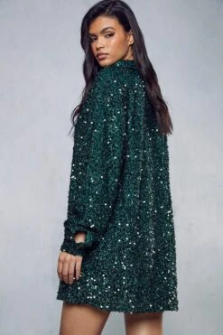Sequin Oversized Shirt Dress -BOW Clothing Shop green sequin oversized shirt dress 2