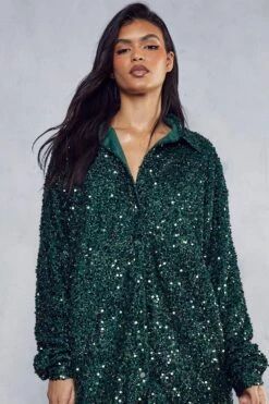 Sequin Oversized Shirt Dress -BOW Clothing Shop green sequin oversized shirt dress 4