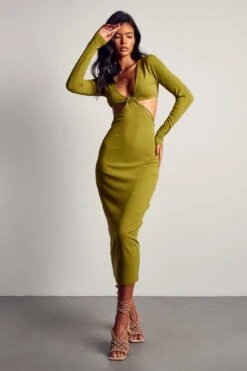 Soft Rib Cut Out Knot Front Maxi Dress -BOW Clothing Shop green soft rib cut out knot front maxi dress 1