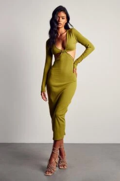 Soft Rib Cut Out Knot Front Maxi Dress -BOW Clothing Shop green soft rib cut out knot front maxi dress 4