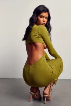 Soft Rib Cut Out Knot Front Maxi Dress -BOW Clothing Shop green soft rib cut out knot front maxi dress 5