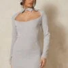 Rib Collared Cut Out Mini Dress -BOW Clothing Shop grey rib collared cut out mini dress