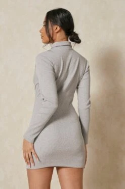 Rib Collared Cut Out Mini Dress -BOW Clothing Shop grey rib collared cut out mini dress 2