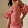 Premium Satin Twist Puff Sleeve Mini Dress -BOW Clothing Shop hot pink premium satin twist puff sleeve mini dress