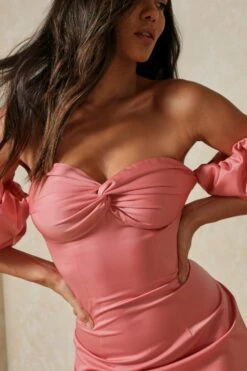 Premium Satin Twist Puff Sleeve Mini Dress -BOW Clothing Shop hot pink premium satin twist puff sleeve mini dress 2