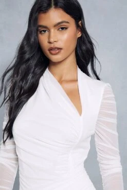 Mesh Ruched Wrap Long Sleeve Dress -BOW Clothing Shop ivory mesh ruched wrap long sleeve dress 1