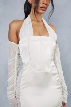 Premium Satin Corseted Mesh Insert Halterneck Dress -BOW Clothing Shop ivory premium satin corseted mesh insert halterneck dress 1